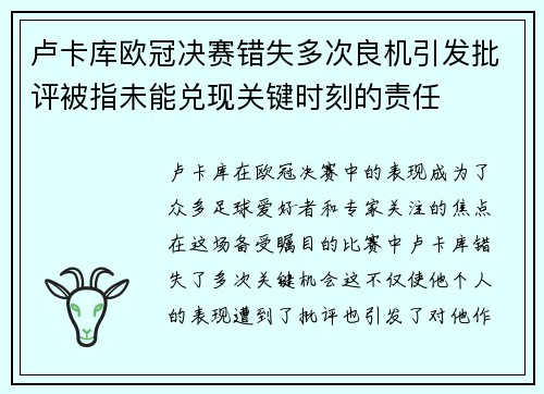 卢卡库欧冠决赛错失多次良机引发批评被指未能兑现关键时刻的责任